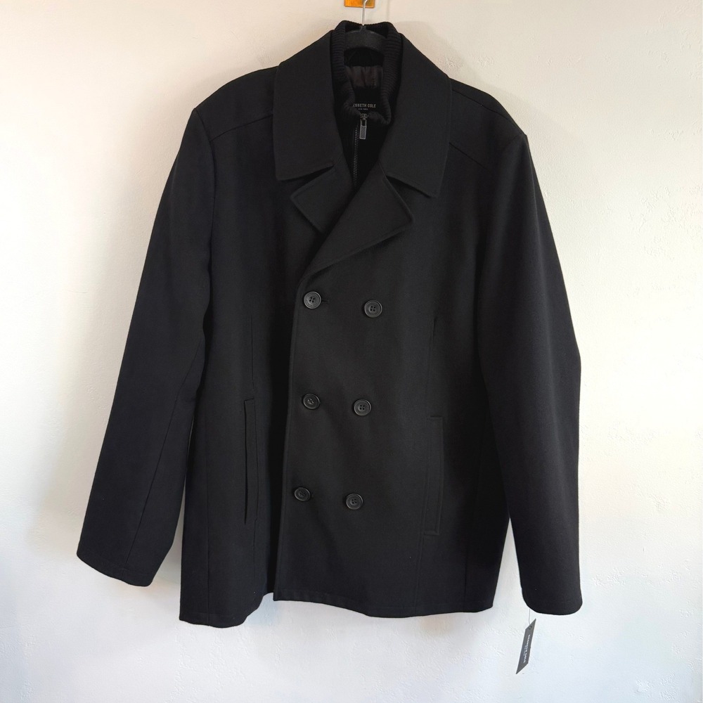 NWT Kenneth‎ Cole Wool Blend Peacoat Black Zip Bib Double Breasted Classic XXL
